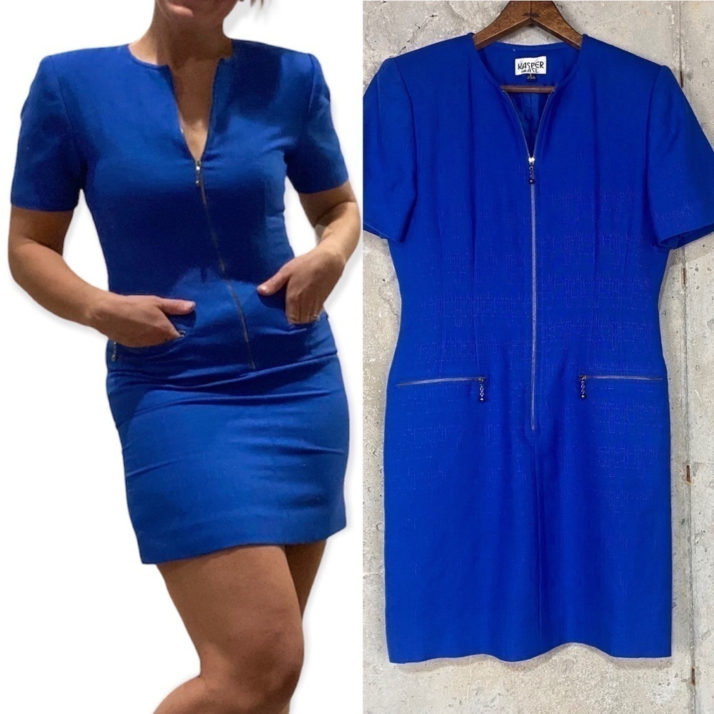 Vintage 90s Kasper royal blue jacquard textured short sleeve mini dress small 6